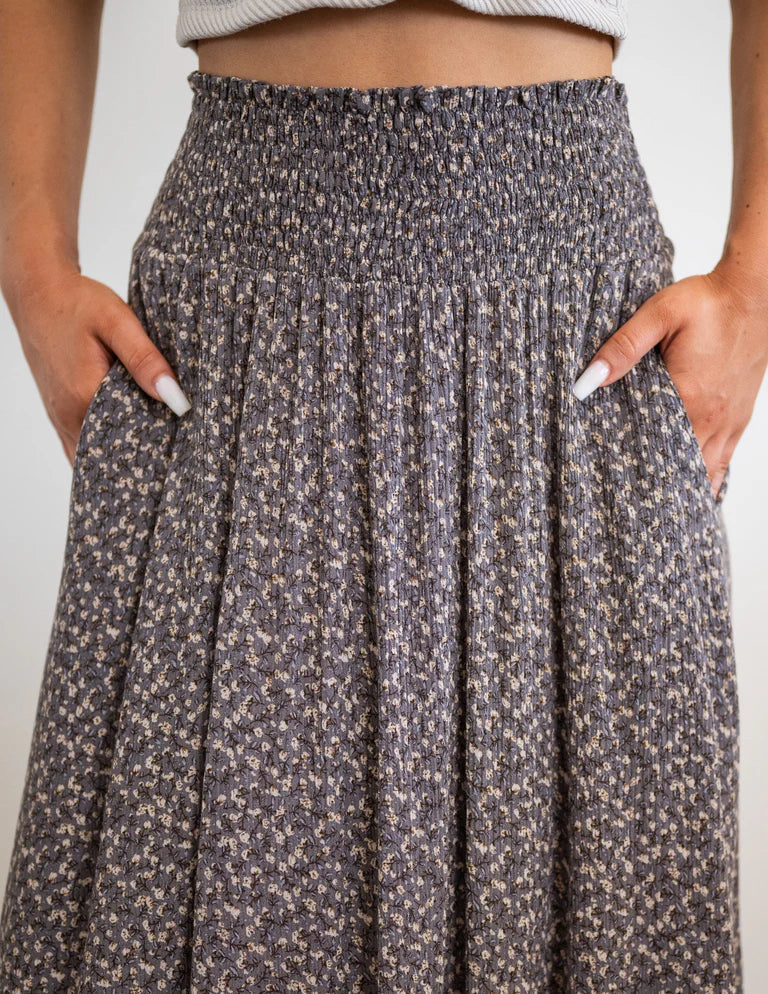 High Waist Ruffle Edge Ditsy Floral Asymmetric Hem Midi Skirt